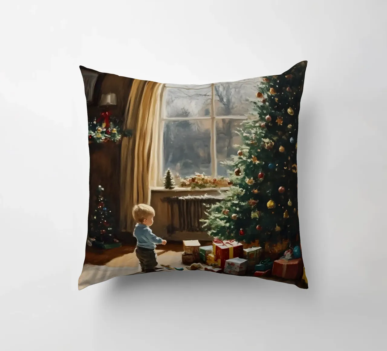 Bambino davanti all'albero di Natale cuscino da Christmas Vibes 2025