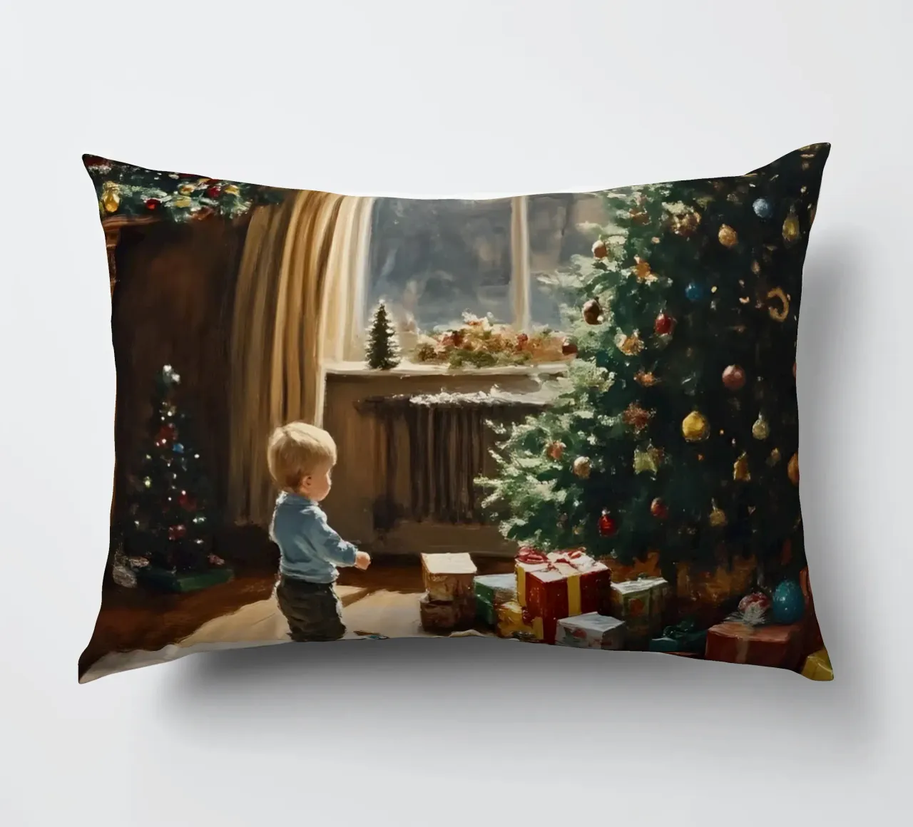 Bambino davanti all'albero di Natale cuscino da Christmas Vibes 2025