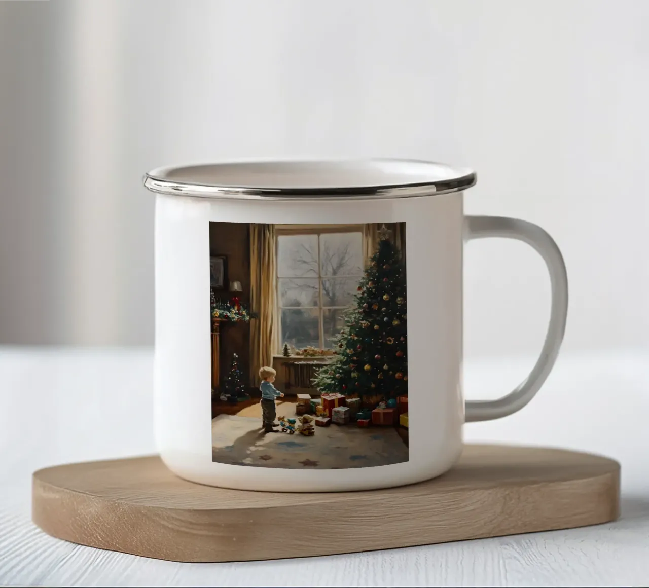 Bambino davanti all'albero di Natale tazza in smalto da Christmas Vibes 2025