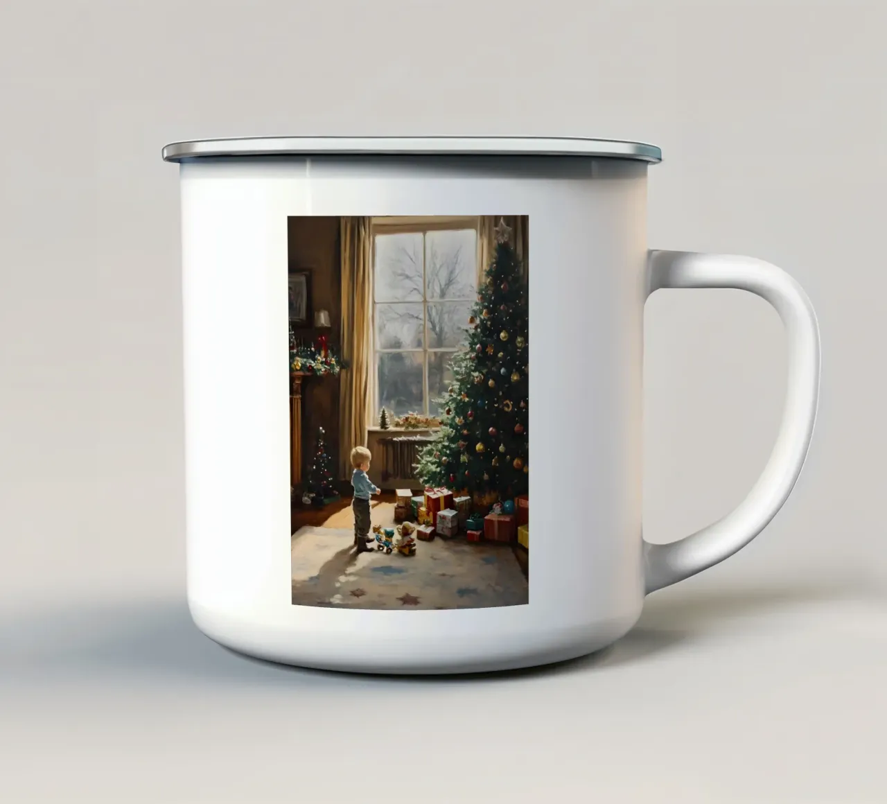 Bambino davanti all'albero di Natale tazza in smalto da Christmas Vibes 2025
