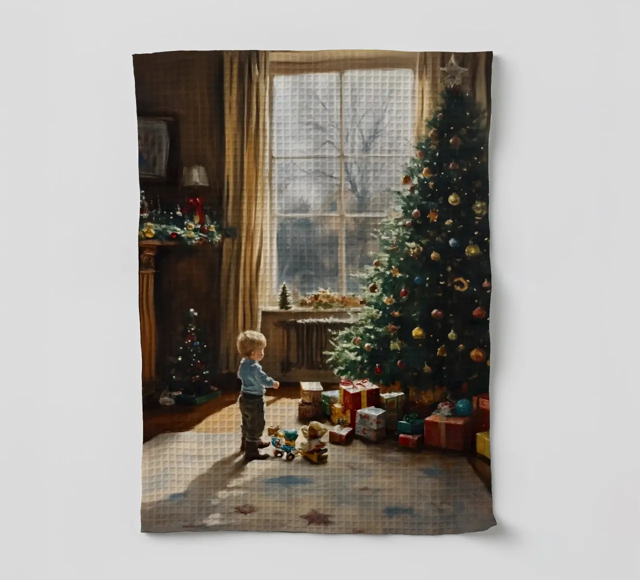 Petit garçon devant le sapin de Noël torchon de Christmas Vibes 2025