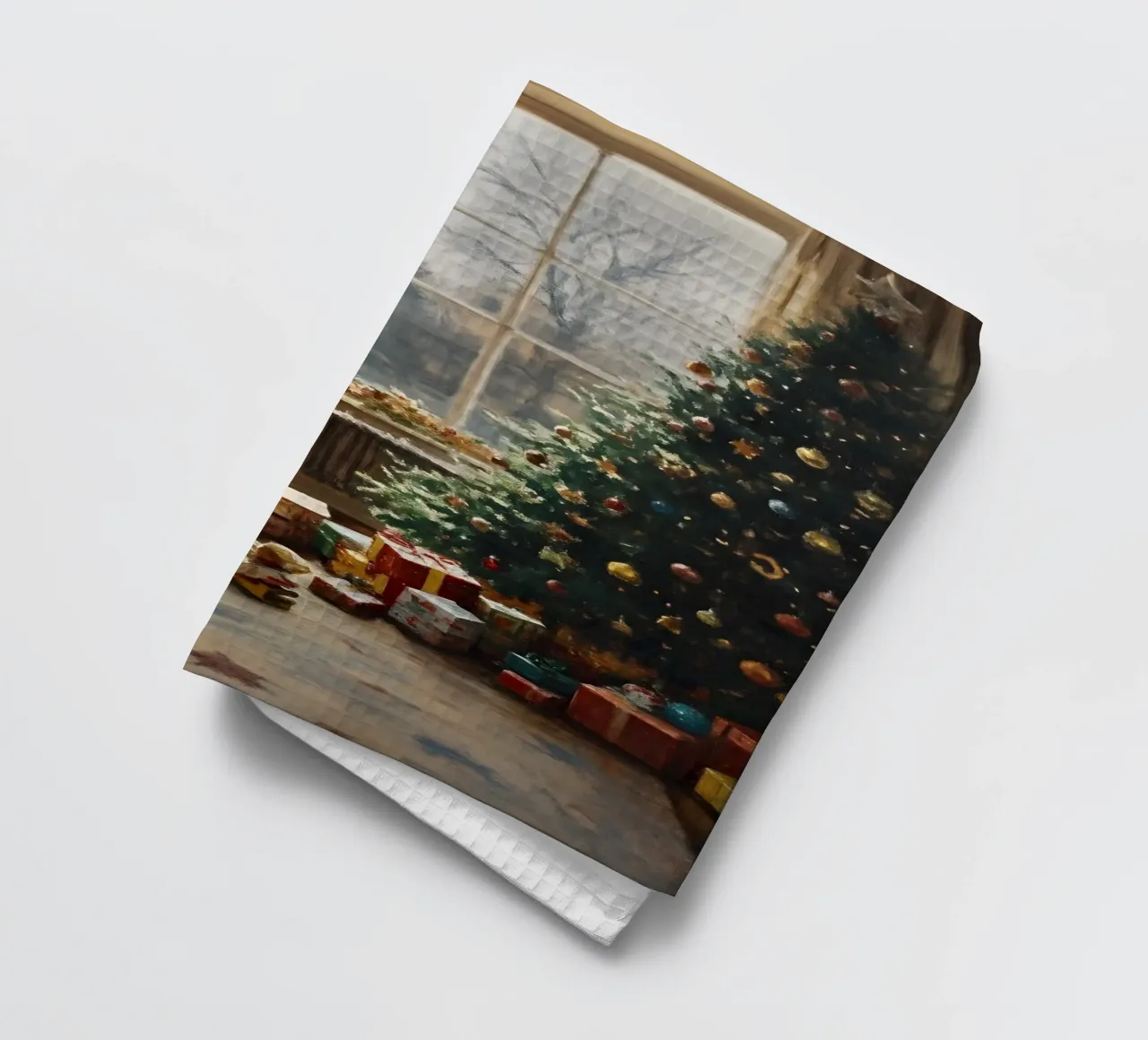 Petit garçon devant le sapin de Noël torchon de Christmas Vibes 2025