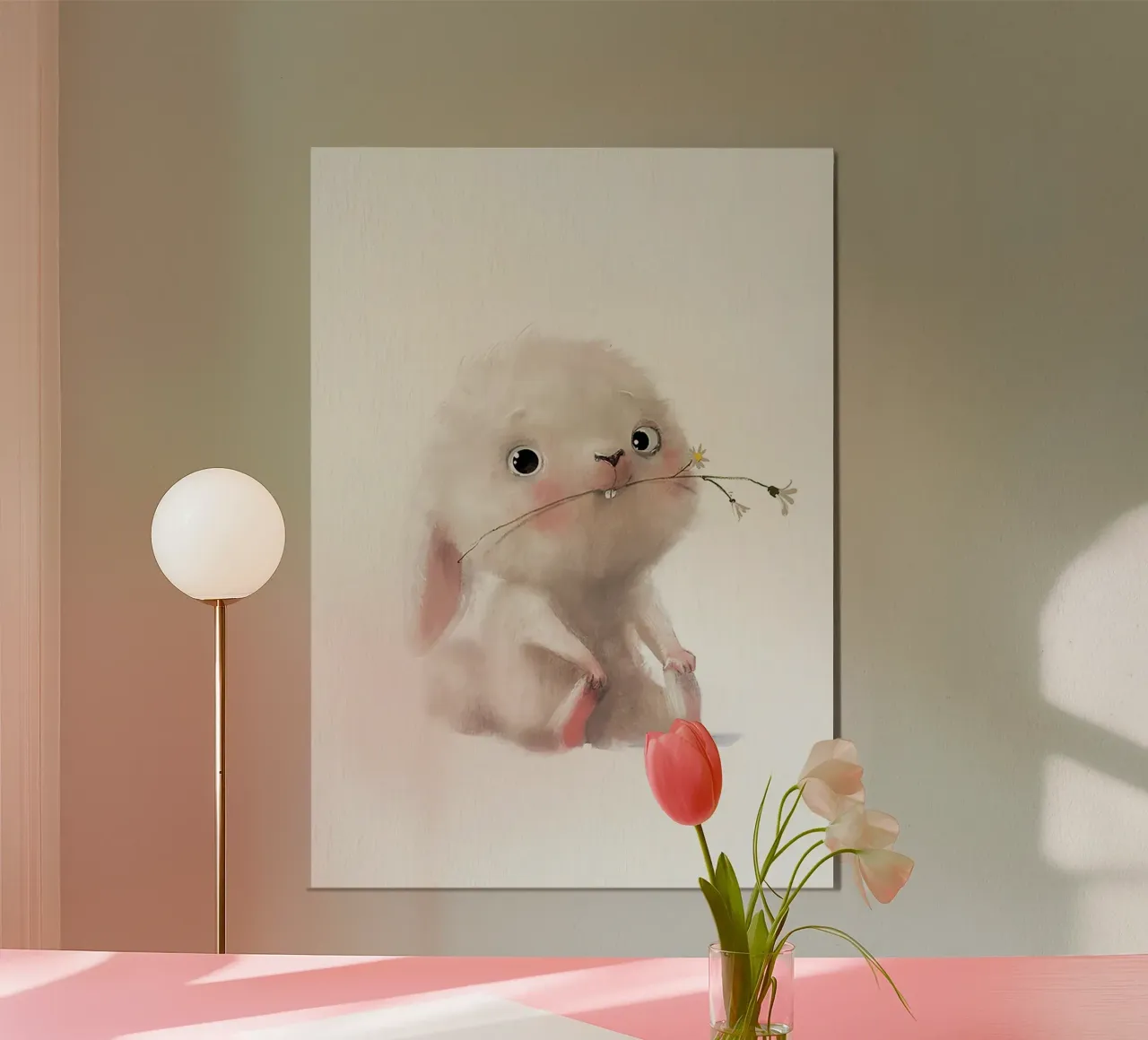 Coniglietto e fiore alluminio dibond da Emil Art Studio