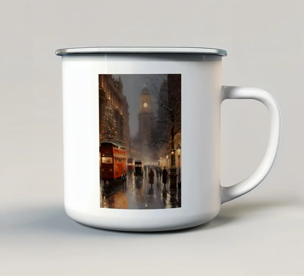 La strada di Natale sotto la pioggia tazza in smalto da Christmas Vibes 2025