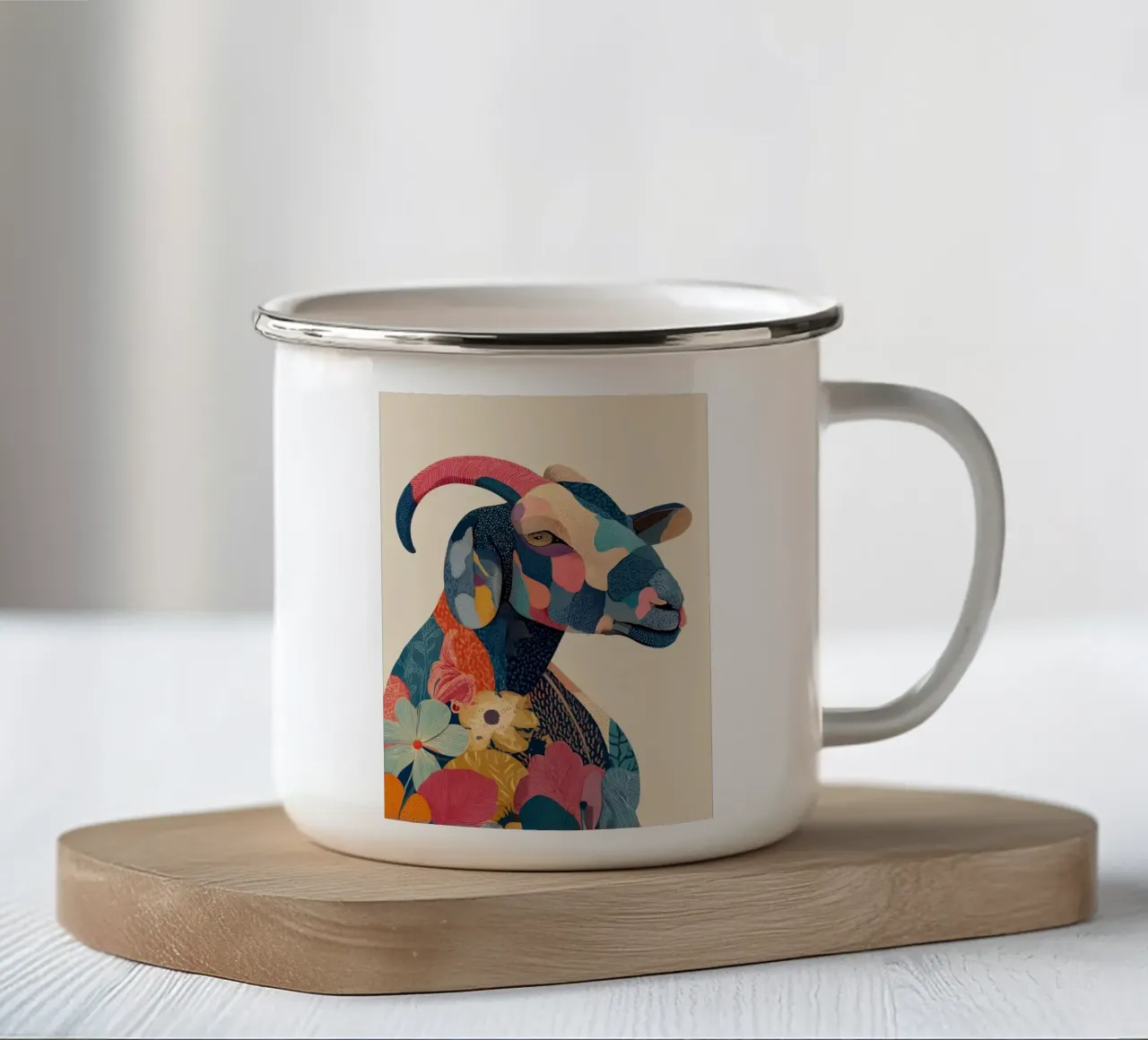 Portrait of a Goat in Bloom Emaille Tasse von Luca