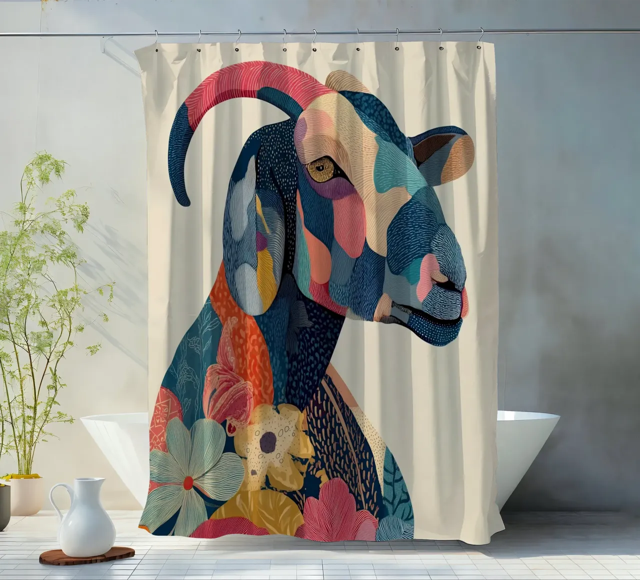 Portrait of a Goat in Bloom Duschvorhang von Luca