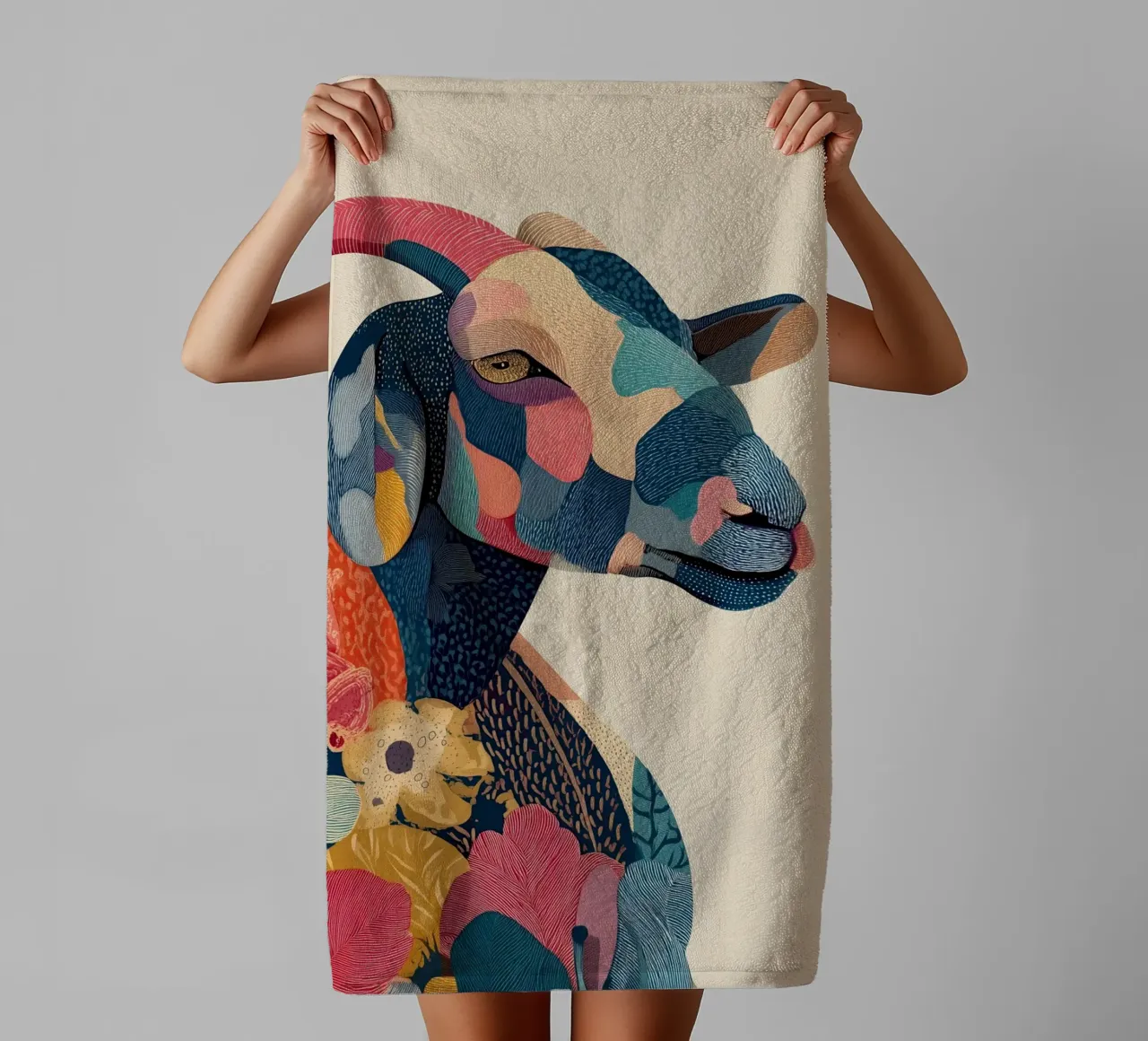 Portrait of a Goat in Bloom Handtuch von Luca