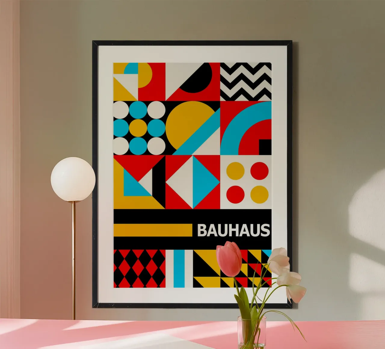 Poster grille de motifs Bauhaus - Couleurs primaires Zigzag Abstrait hahnemühle de Grungeo