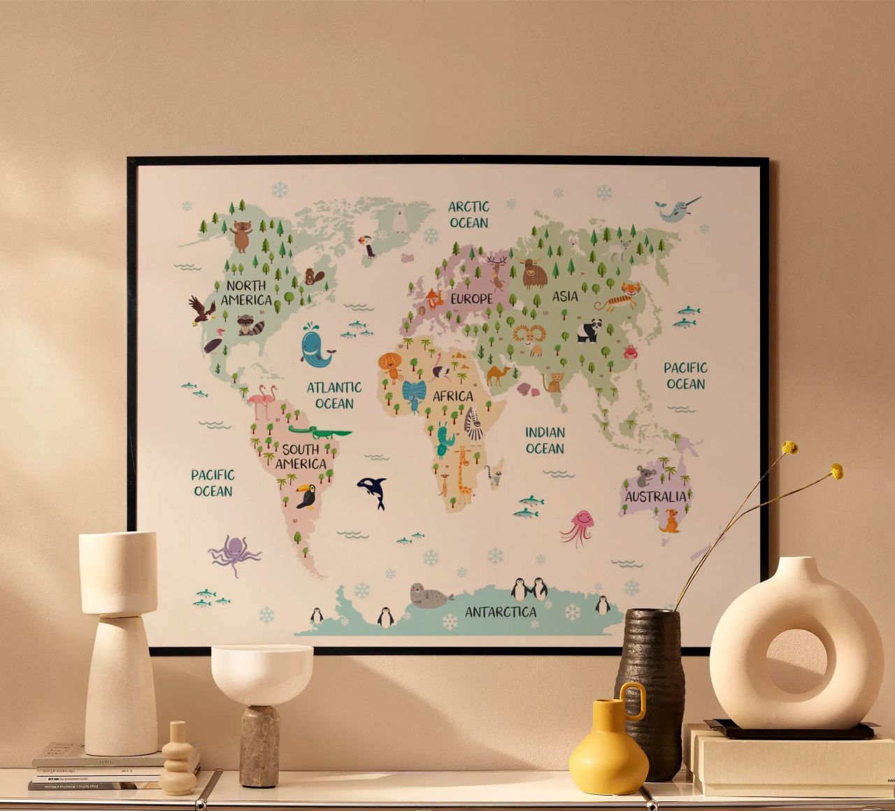 Nursery Animal World Map in Pastels poster by Piccalilli Prints