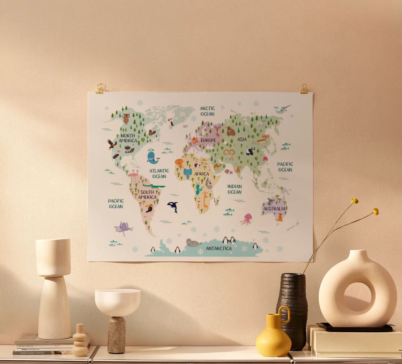 Nursery Animal World Map in Pastels poster by Piccalilli Prints
