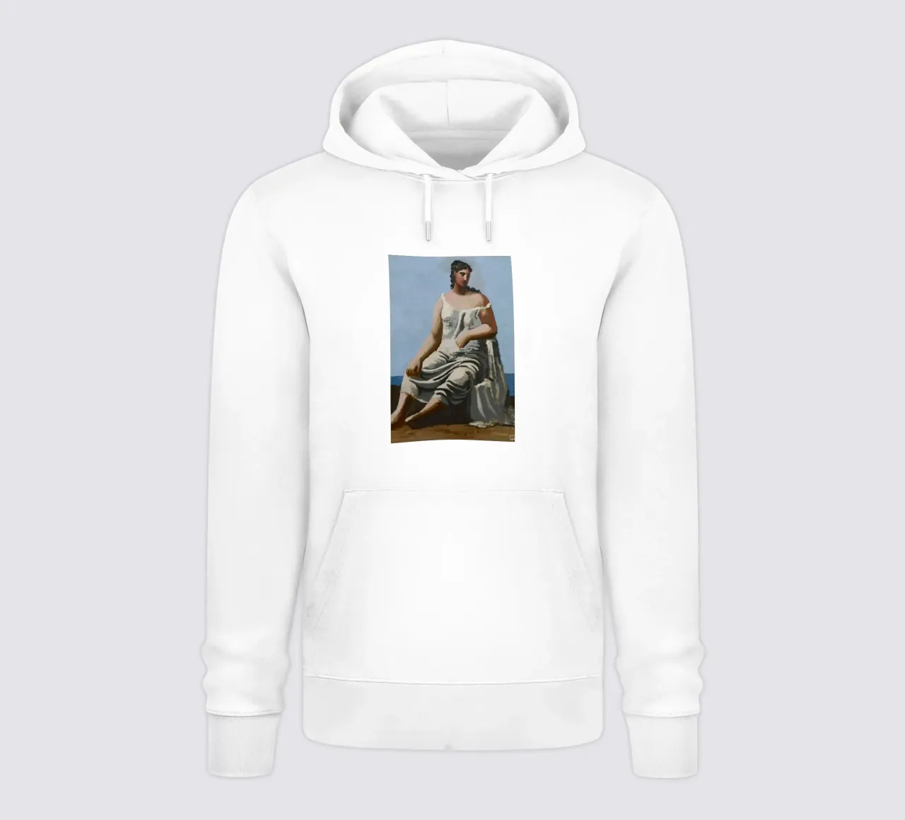 dipinto di una bella donna in abito bianco felpa con cappuccio da eternal nino