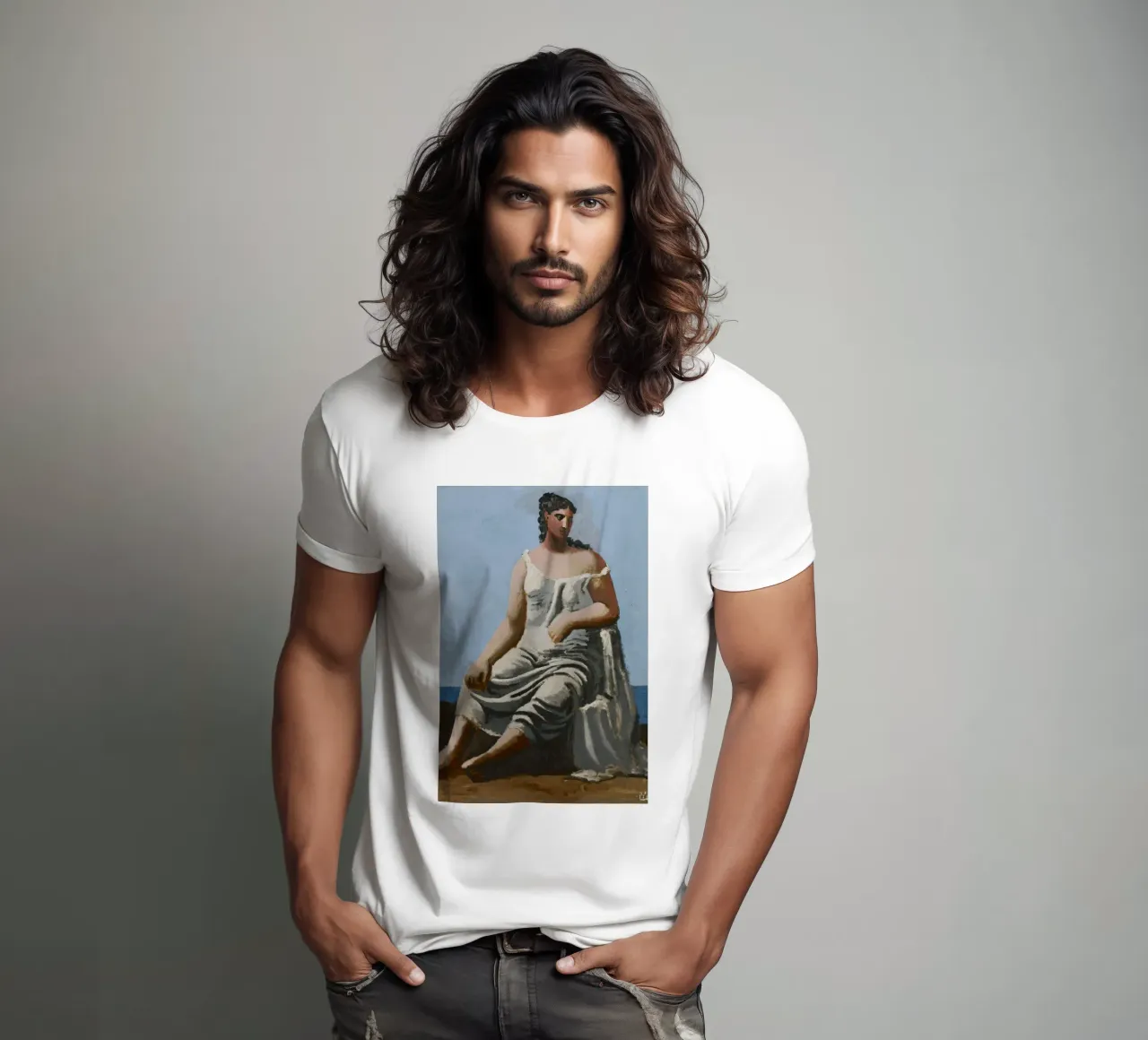 dipinto di una bella donna in abito bianco t-shirt da eternal nino