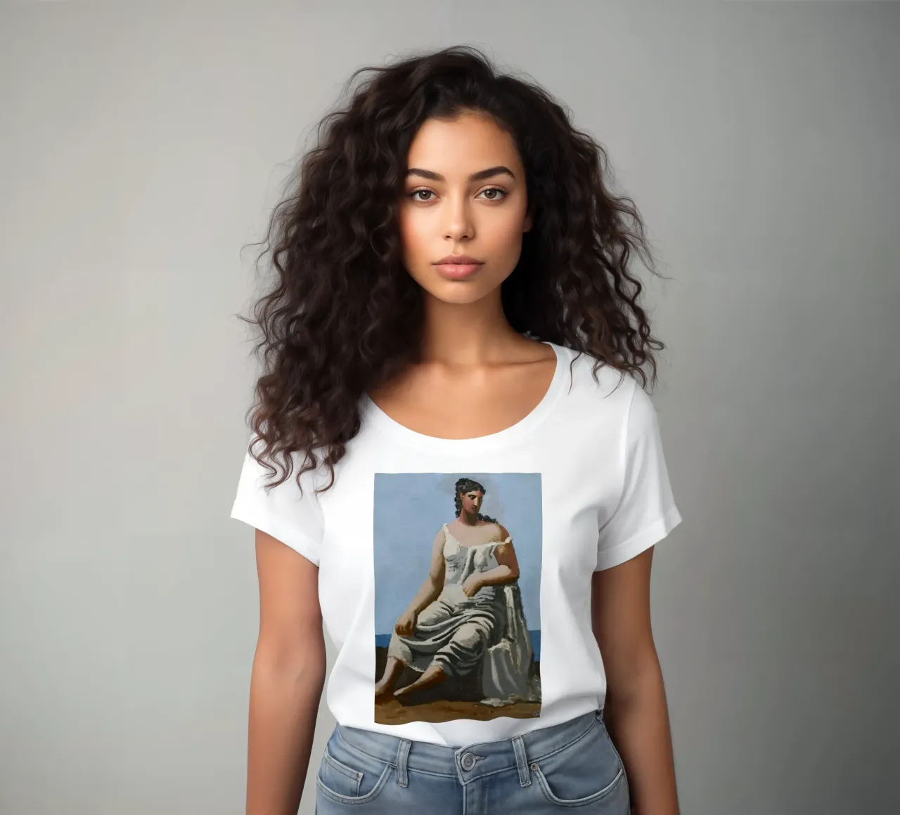 dipinto di una bella donna in abito bianco t-shirt da donna da eternal nino