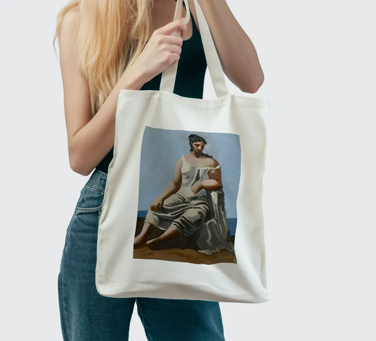 dipinto di una bella donna in abito bianco borsa in juta da eternal nino