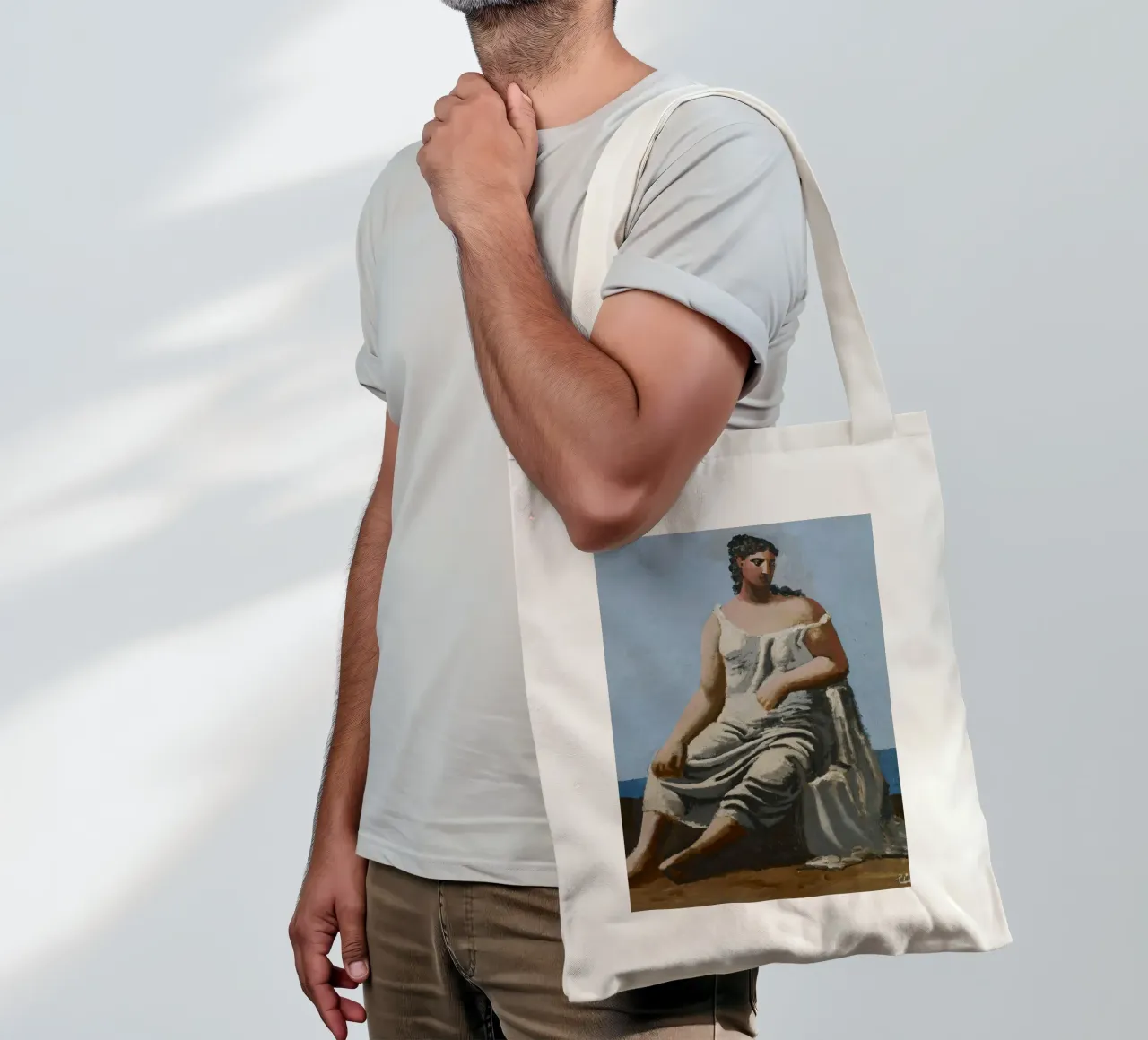 dipinto di una bella donna in abito bianco borsa in juta da eternal nino