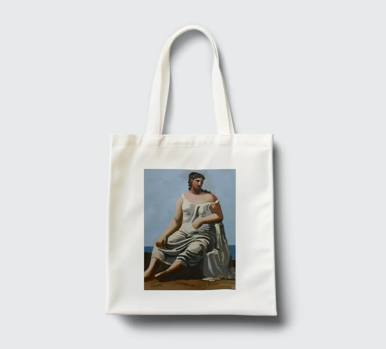 dipinto di una bella donna in abito bianco borsa in juta da eternal nino