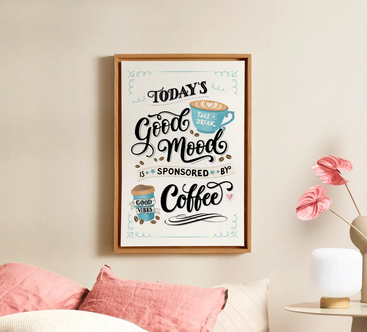 Caffè. Detto divertente. Buon umore. Felice tela con Cornice a cassetta da CalliLetters