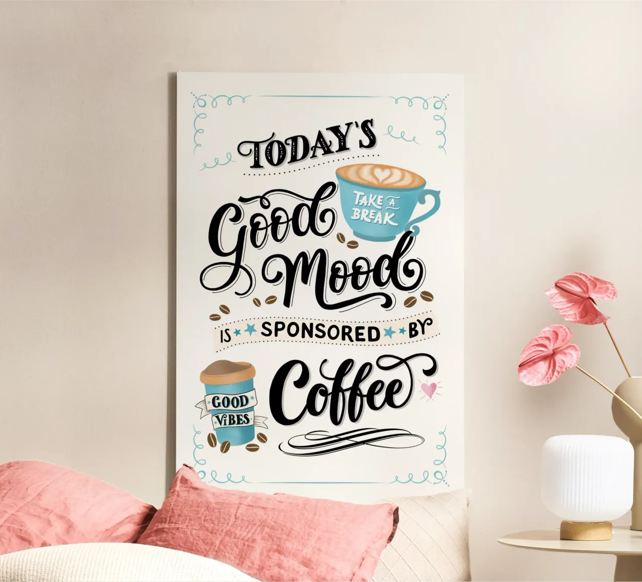 Caffè. Detto divertente. Buon umore. Felice tela con Cornice a cassetta da CalliLetters