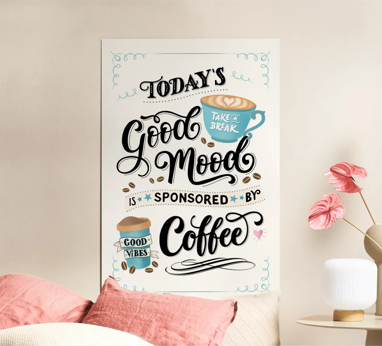 Caffè. Detto divertente. Buon umore. Felice poster con telaio in legno da CalliLetters
