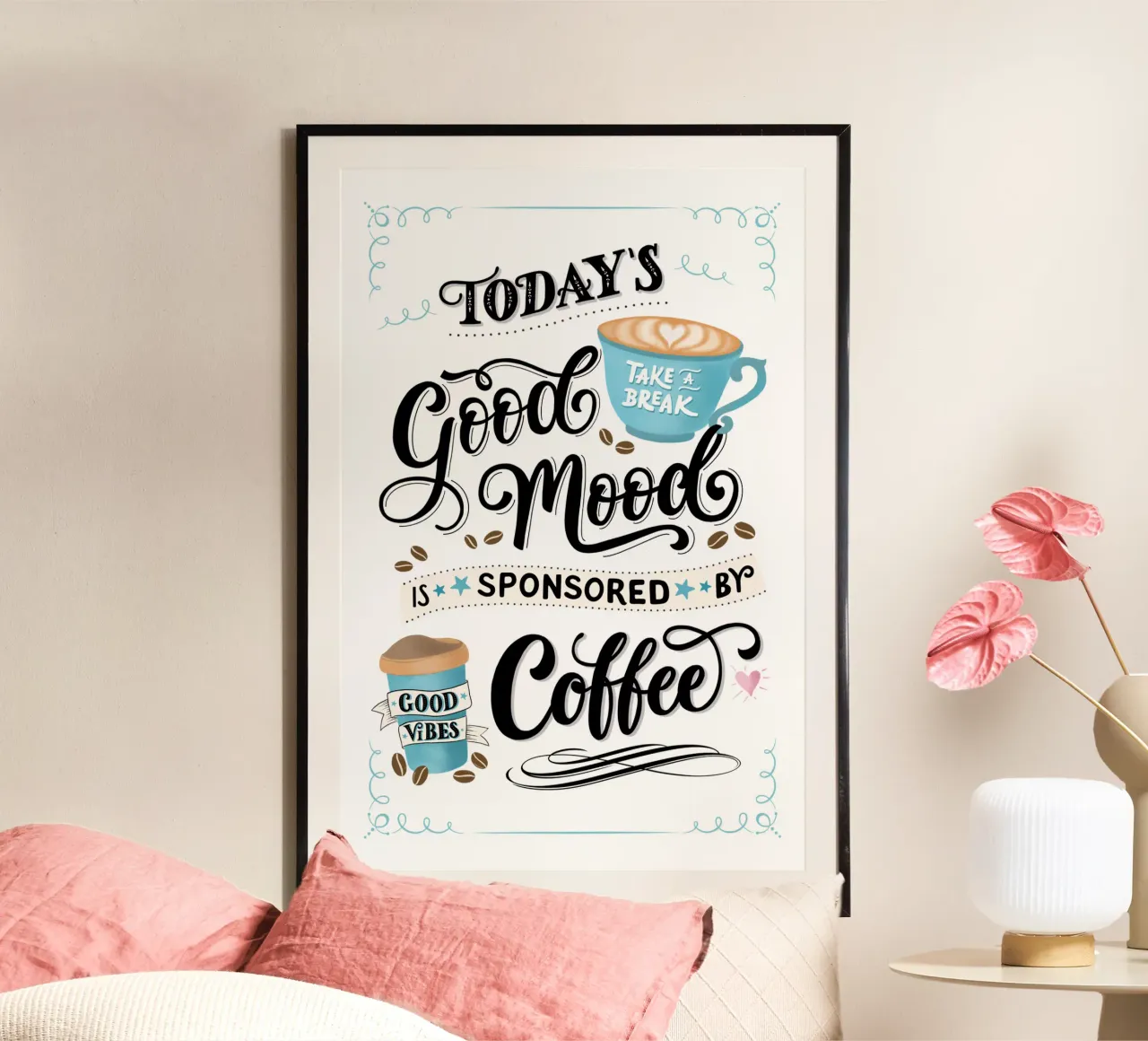 Caffè. Detto divertente. Buon umore. Felice poster con telaio in legno da CalliLetters