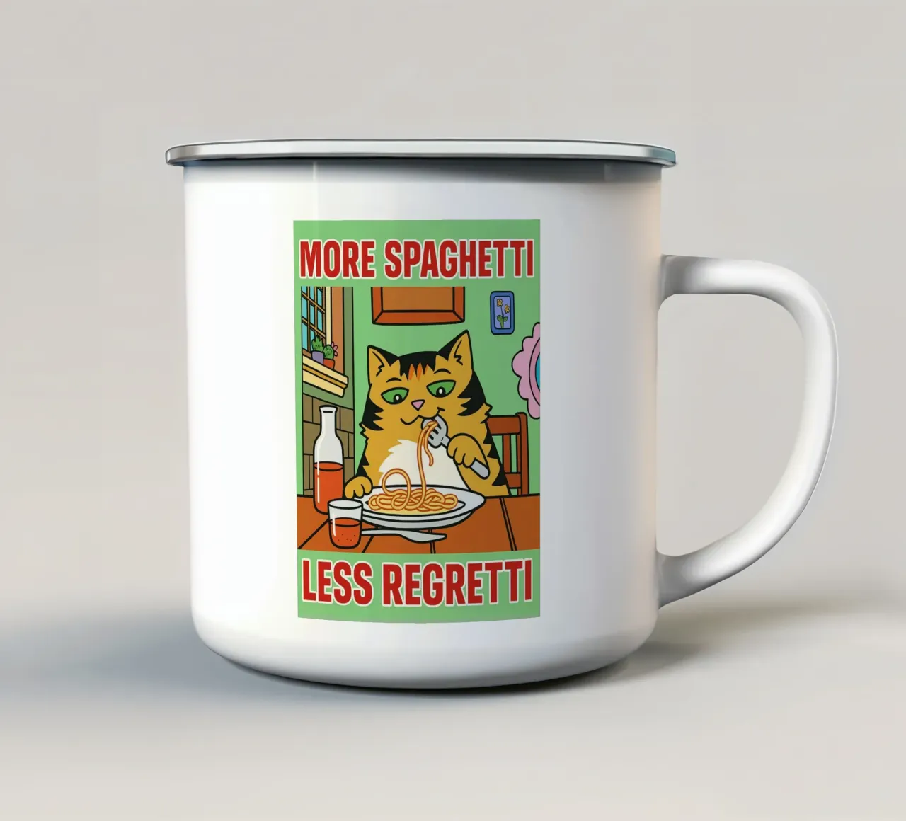 meer spaghetti minder regretti emaille mok van Botania