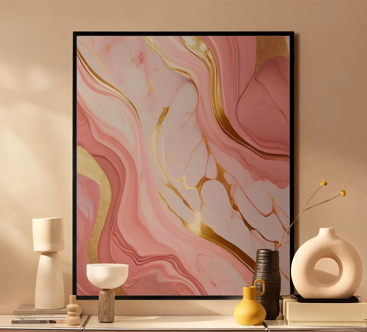Marmerprint - Roze #2 poster met houten frame van Hightown Design