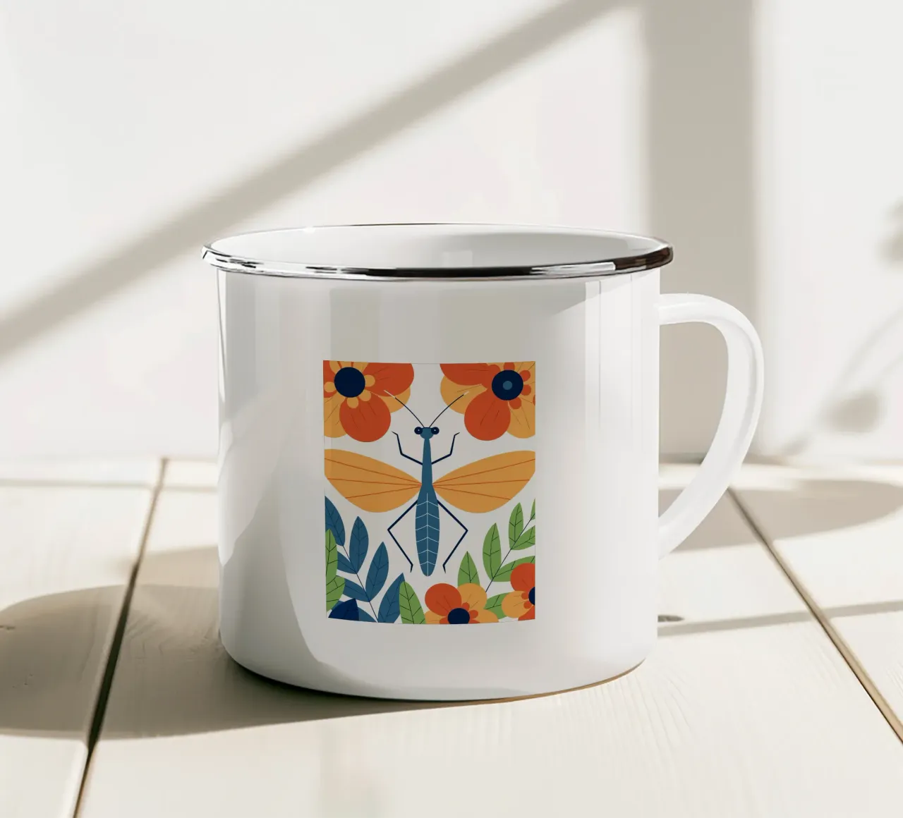 Libellula blu nel giardino fiorito tazza in smalto da PROTECT ANIMALS