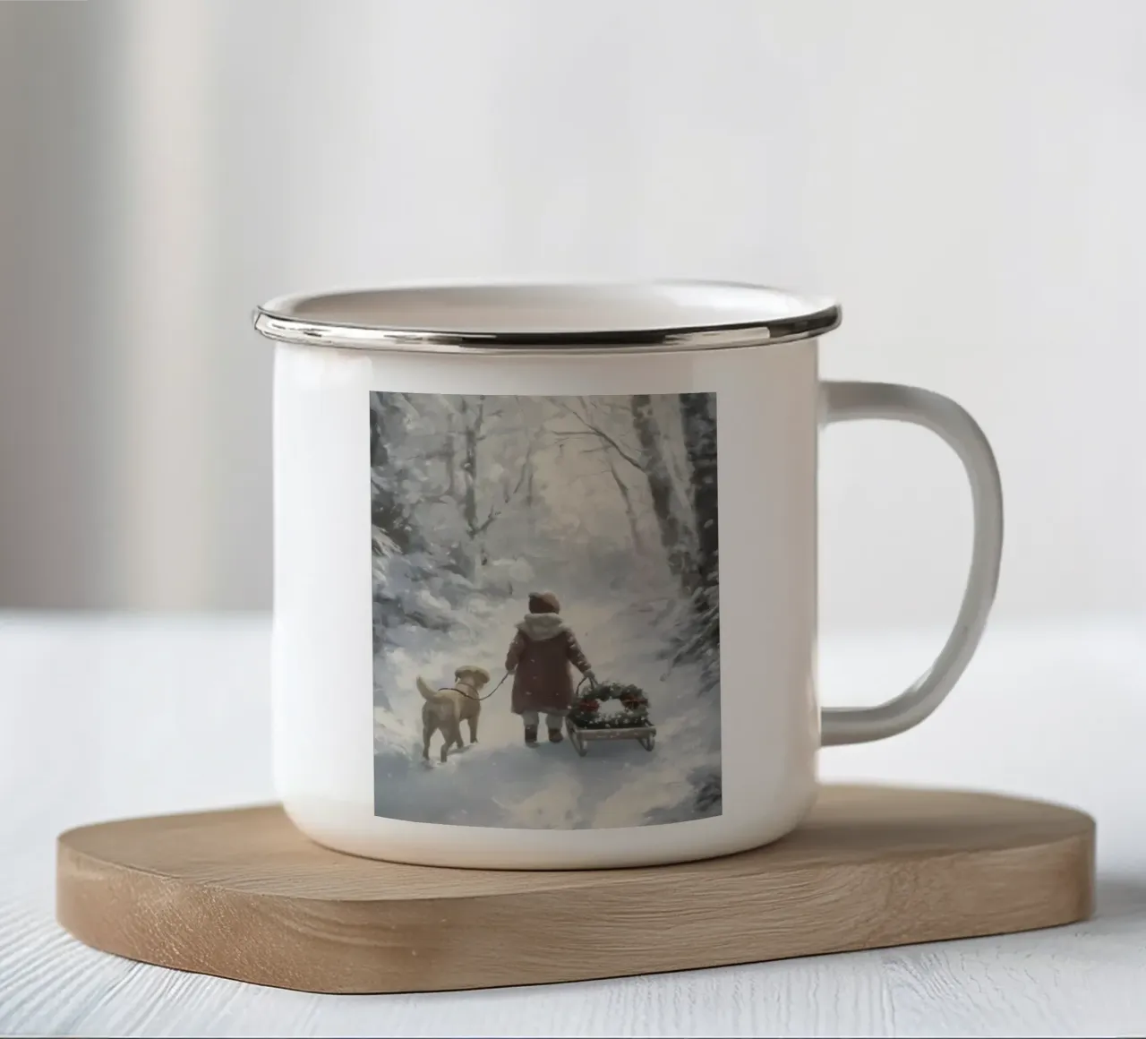 Passeggiata invernale con il cane tazza in smalto da Cozy Vibes