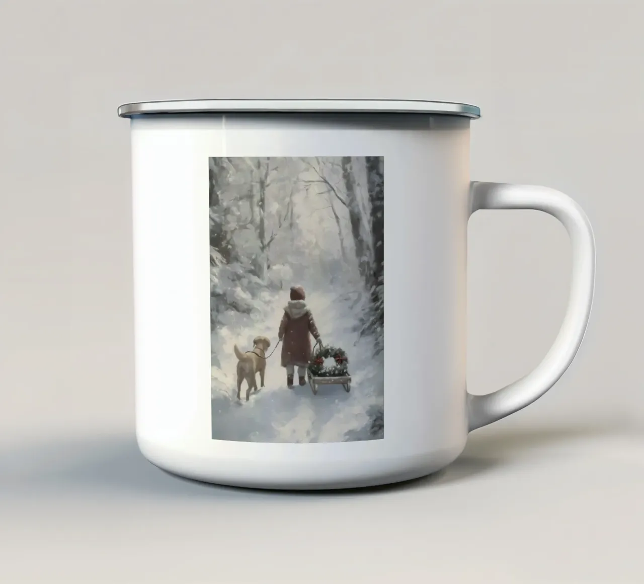Passeggiata invernale con il cane tazza in smalto da Cozy Vibes
