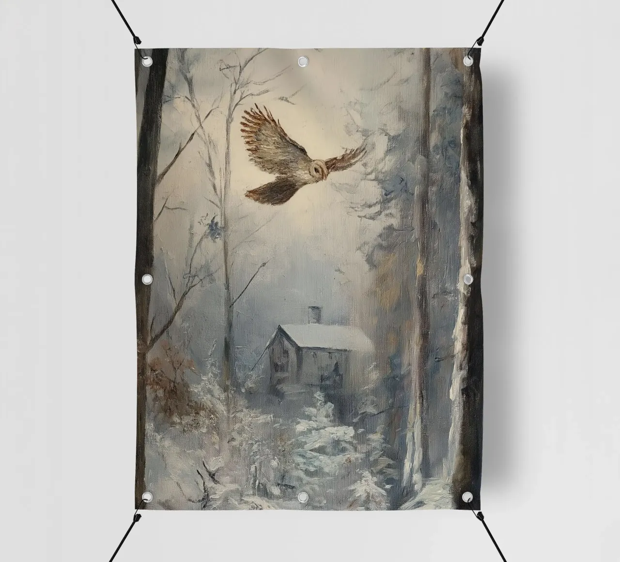 Silenzio invernale nella foresta - gufo sopra una capanna coperta di neve telo in pvc da Cozy Vibes