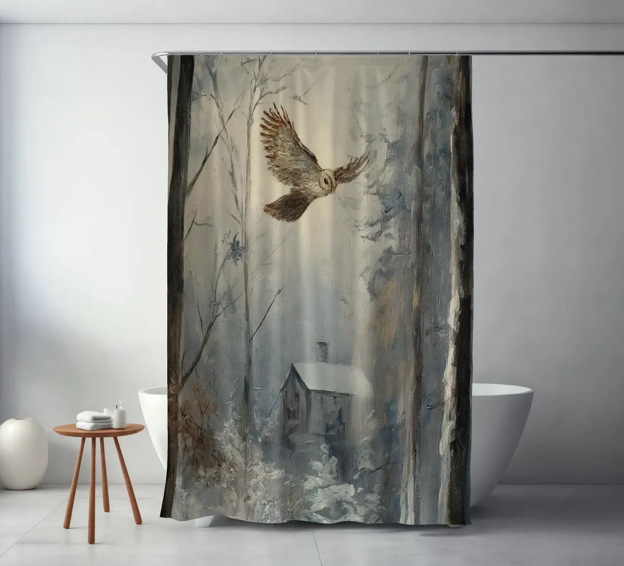 Silenzio invernale nella foresta - gufo sopra una capanna coperta di neve tenda da doccia da Cozy Vibes