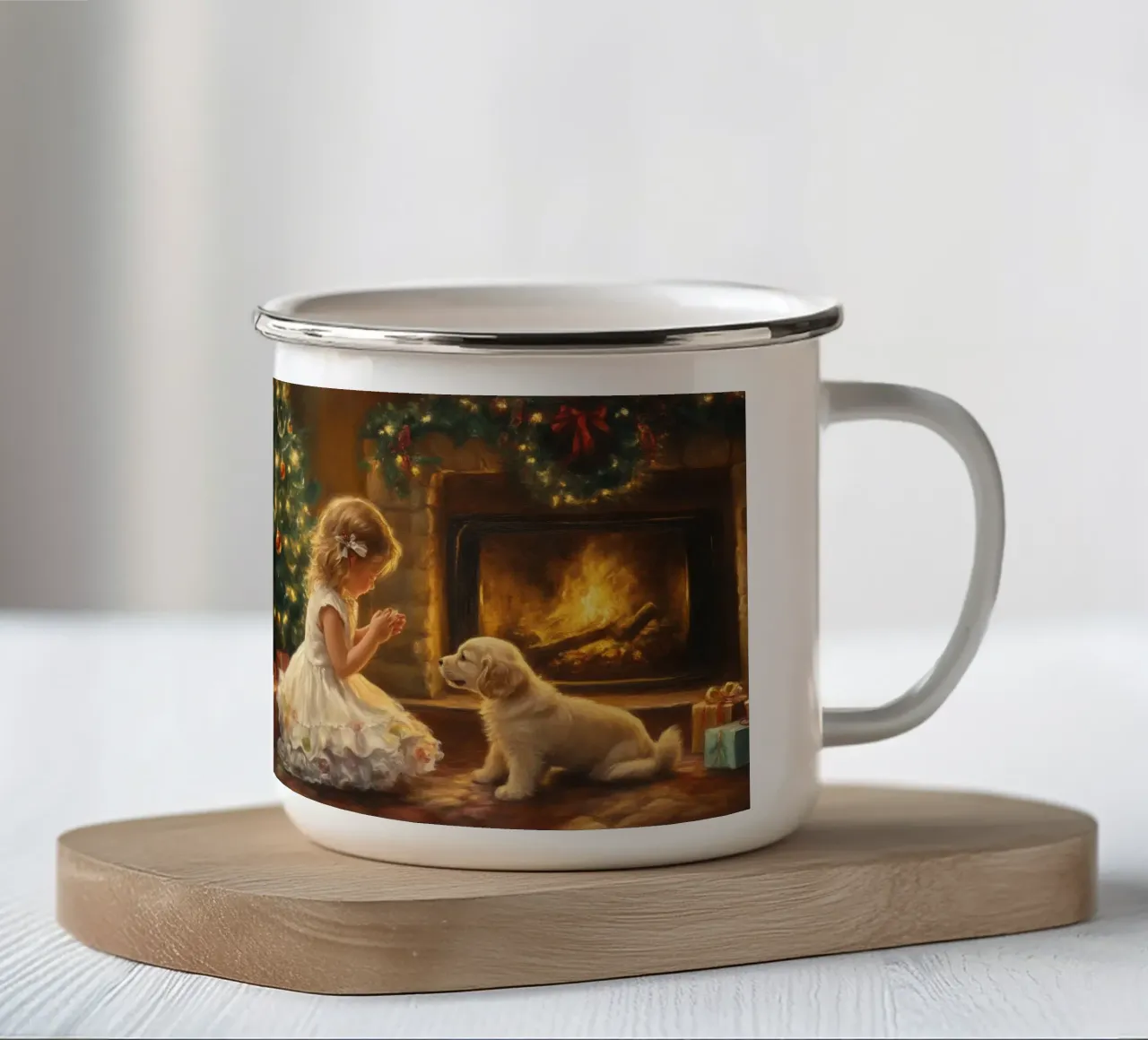 Magia del Natale davanti al camino - ragazza e cucciolo tazza in smalto da Cozy Vibes