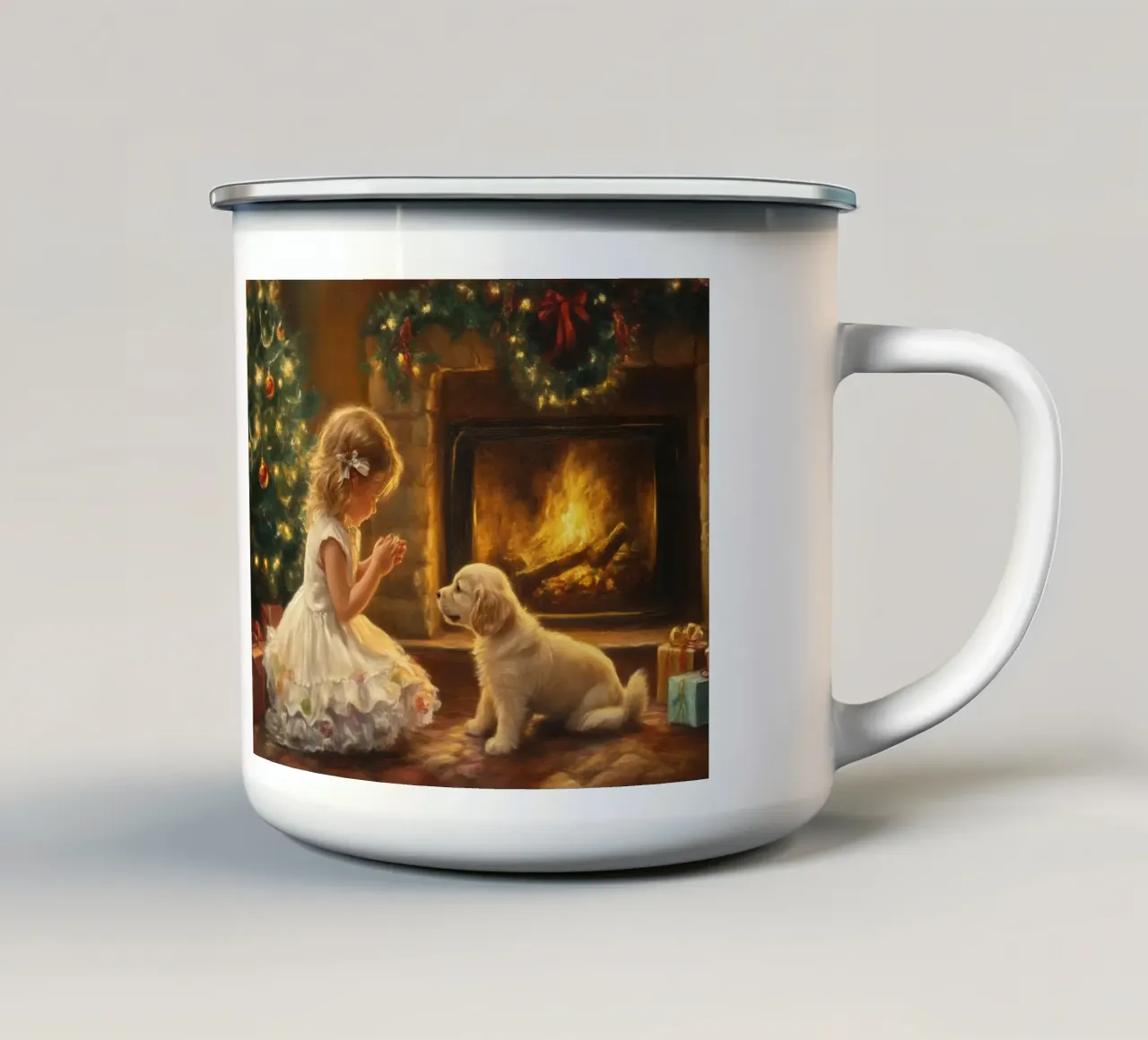 Magia del Natale davanti al camino - ragazza e cucciolo tazza in smalto da Cozy Vibes