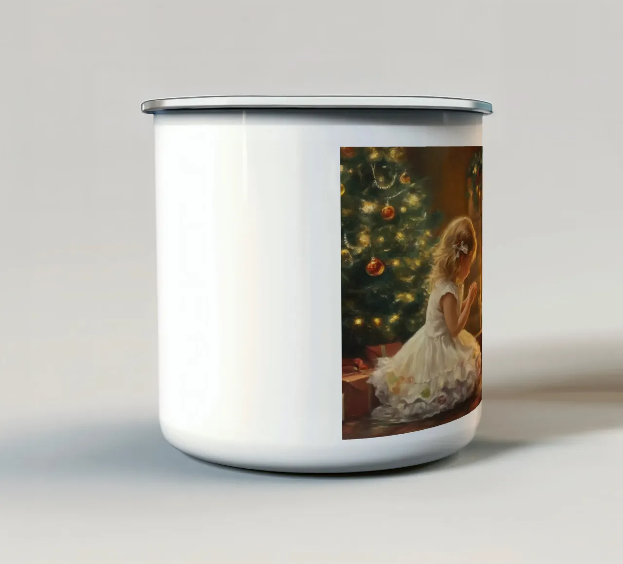 Magia del Natale davanti al camino - ragazza e cucciolo tazza in smalto da Cozy Vibes