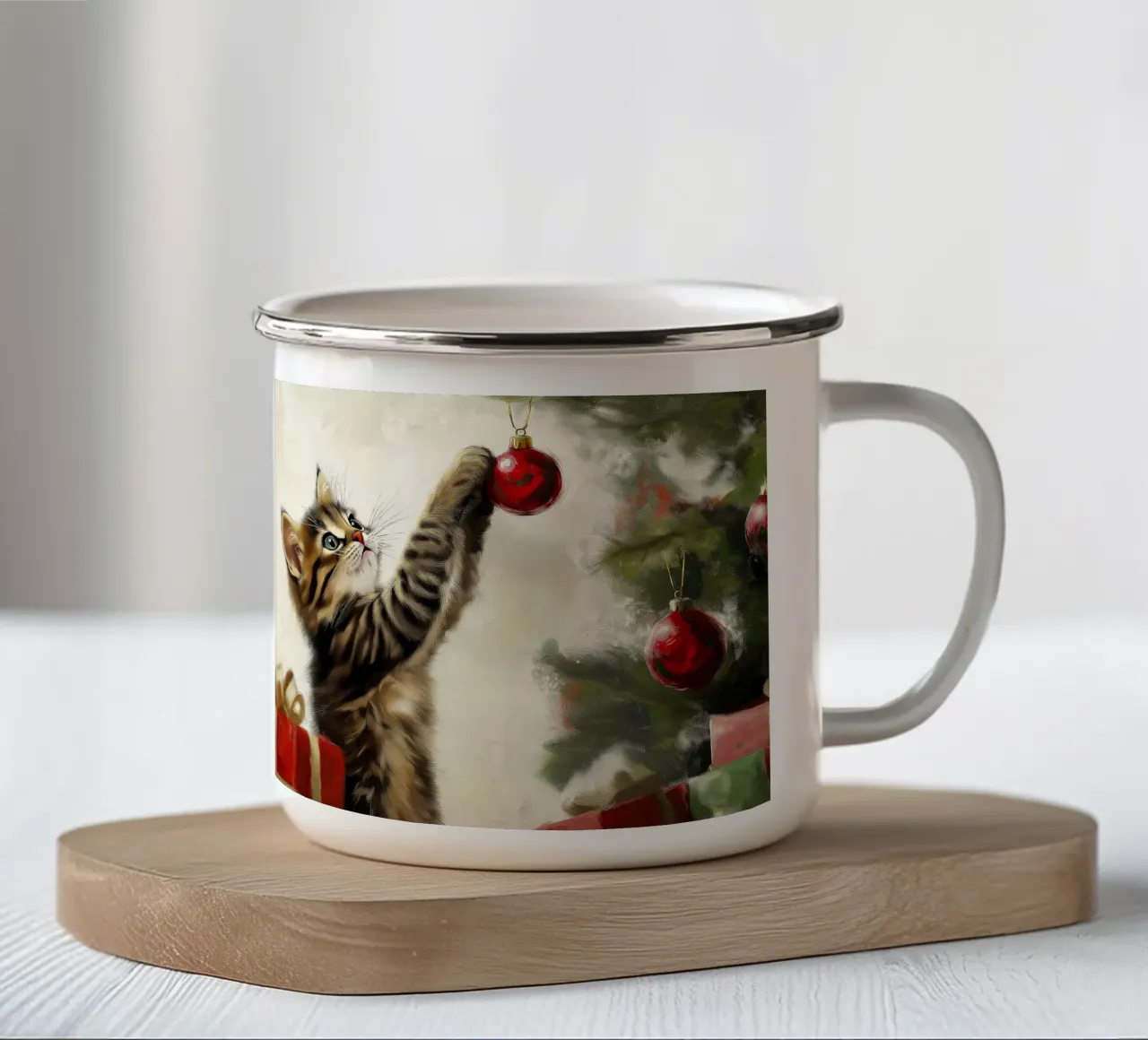Gatto curioso di Natale - Momento di gioco tazza in smalto da Cozy Vibes