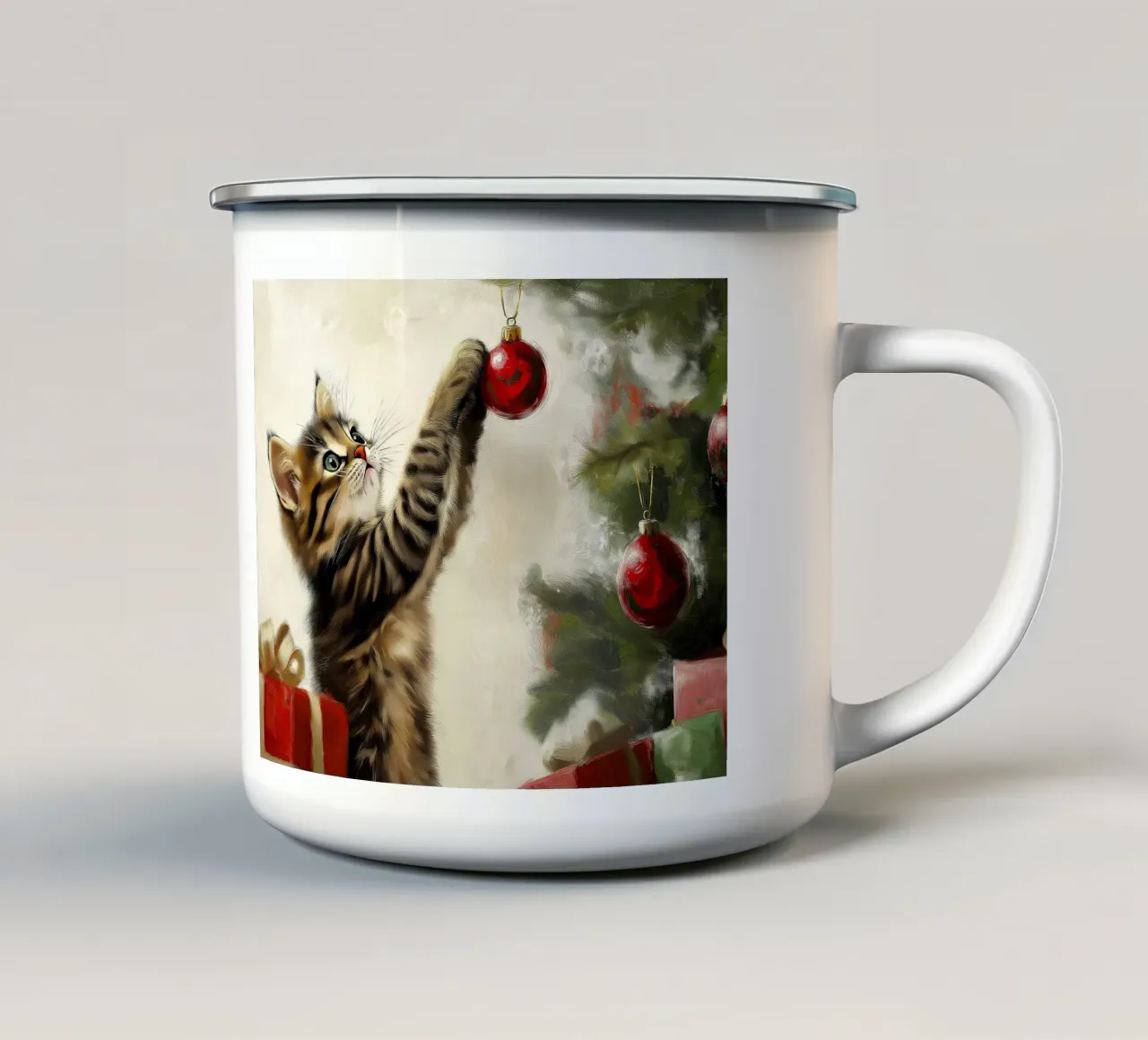 Gatto curioso di Natale - Momento di gioco tazza in smalto da Cozy Vibes