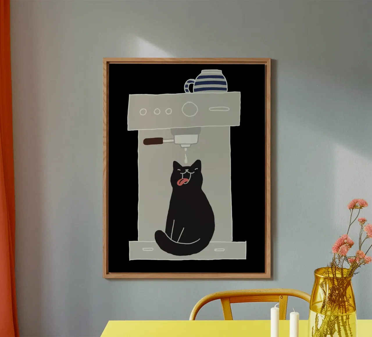 Cat under coffee machine illustration alluminio dibond da vintageshop