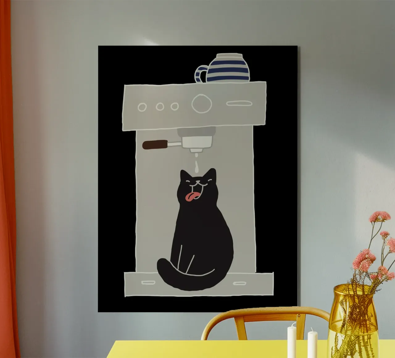 Cat under coffee machine illustration alluminio dibond da vintageshop