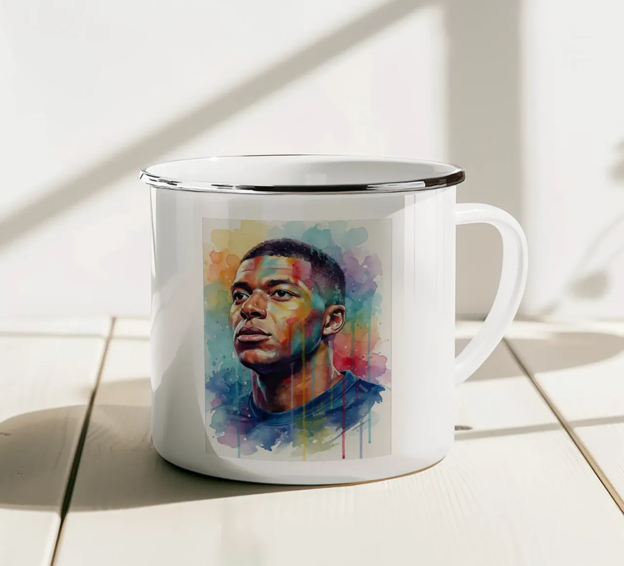 Kylian Mbappe abstracte kleurrijke kunst emaille mok van Kalis