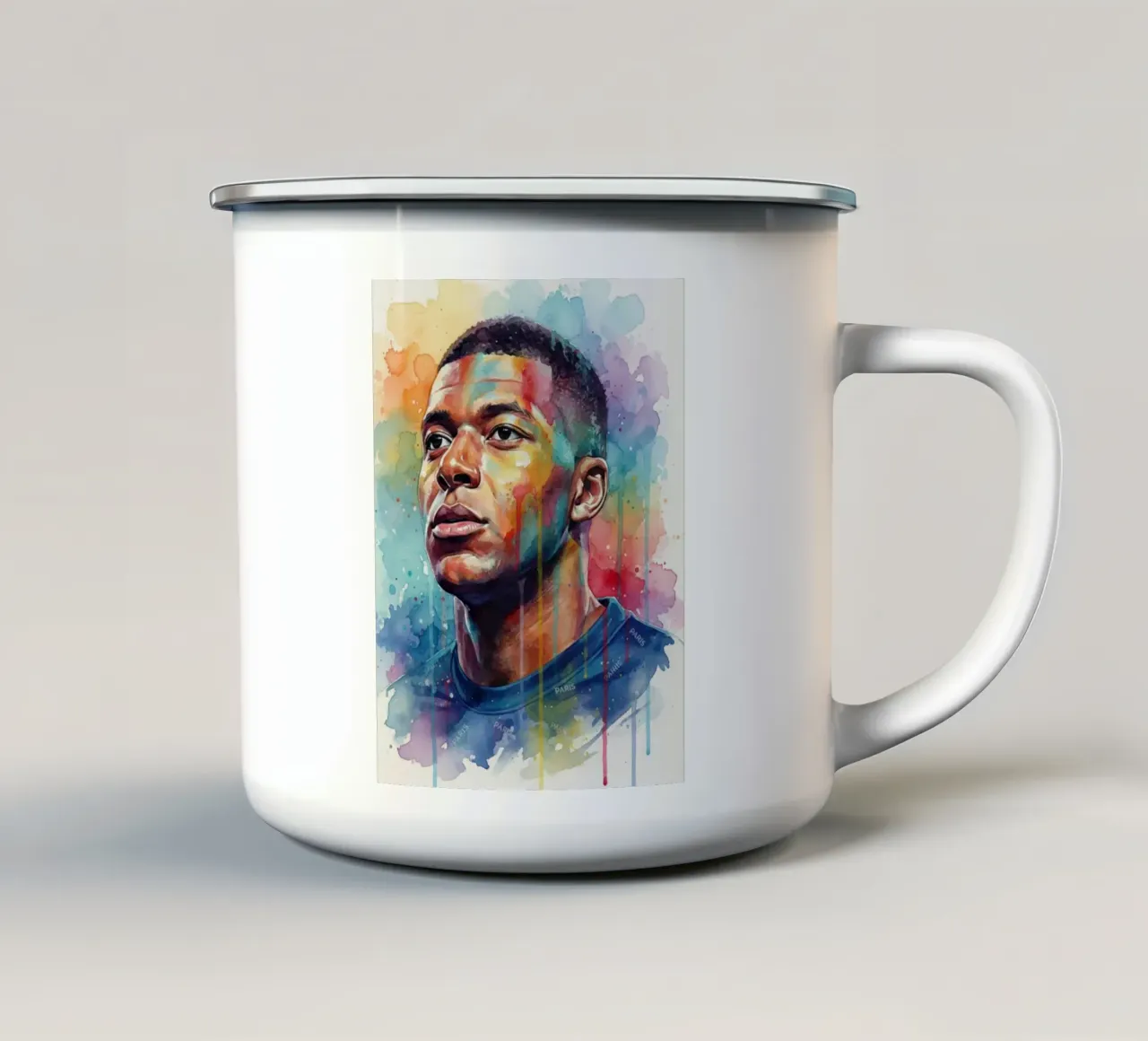 Kylian Mbappe abstracte kleurrijke kunst emaille mok van Kalis