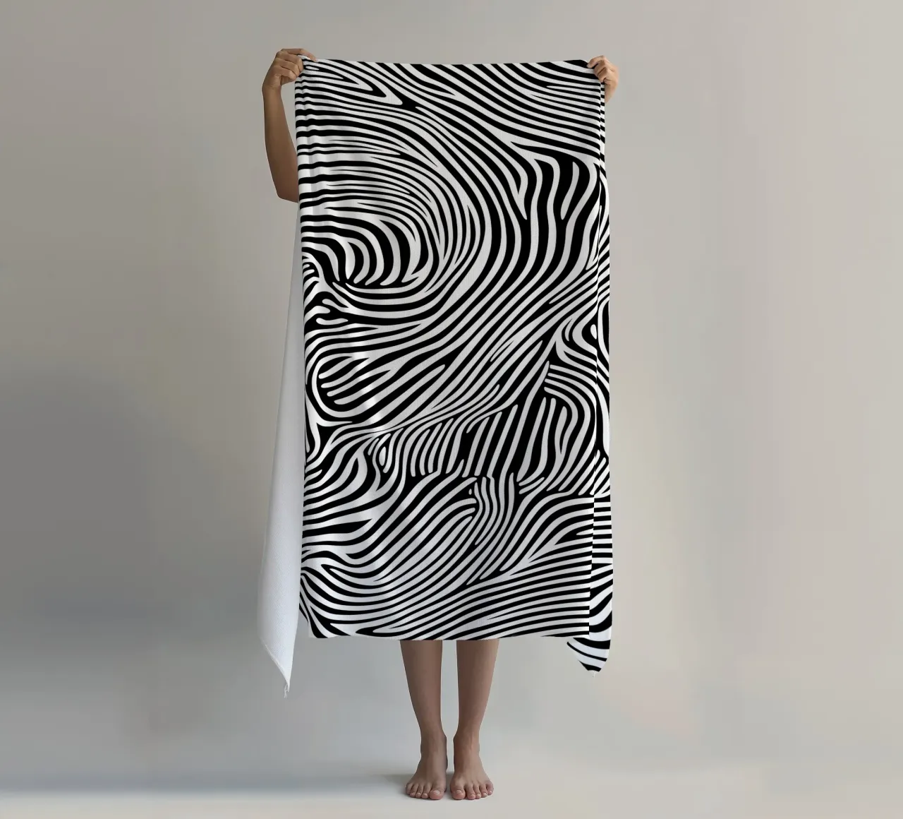 Psychedelic lines Art in black and white beach towel by Autofocus