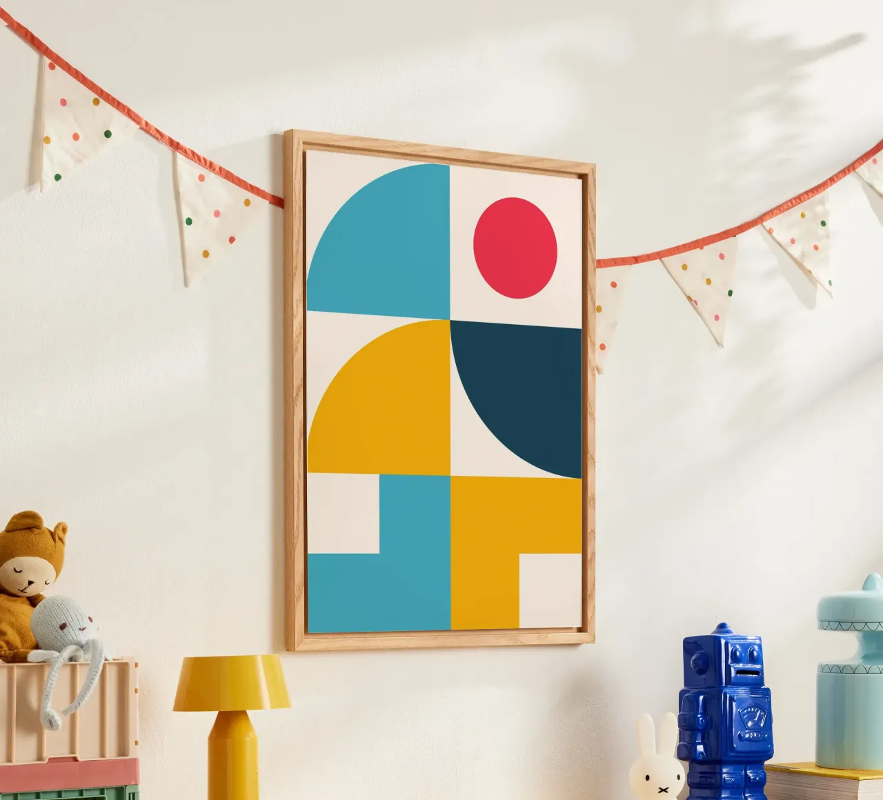 Poster geometrico astratto a blocchi di colore Circoli di metà secolo plexiglass da Grungeo