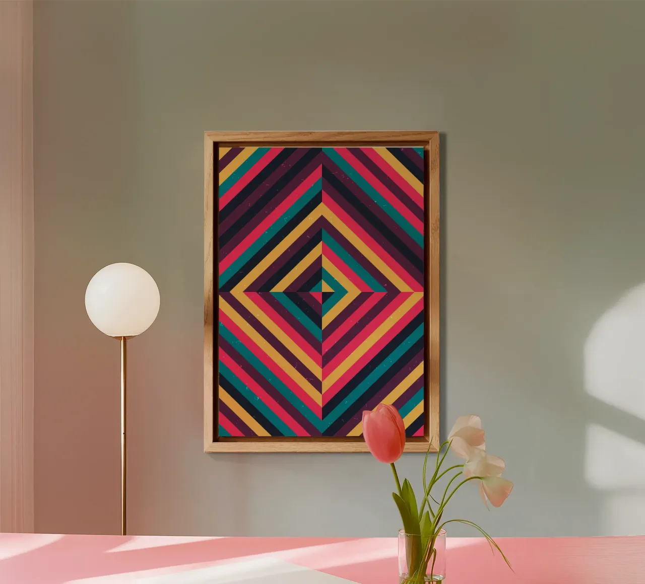 Poster geometrico retrò a strisce diagonali di Op Art invecchiato alluminio dibond da Grungeo