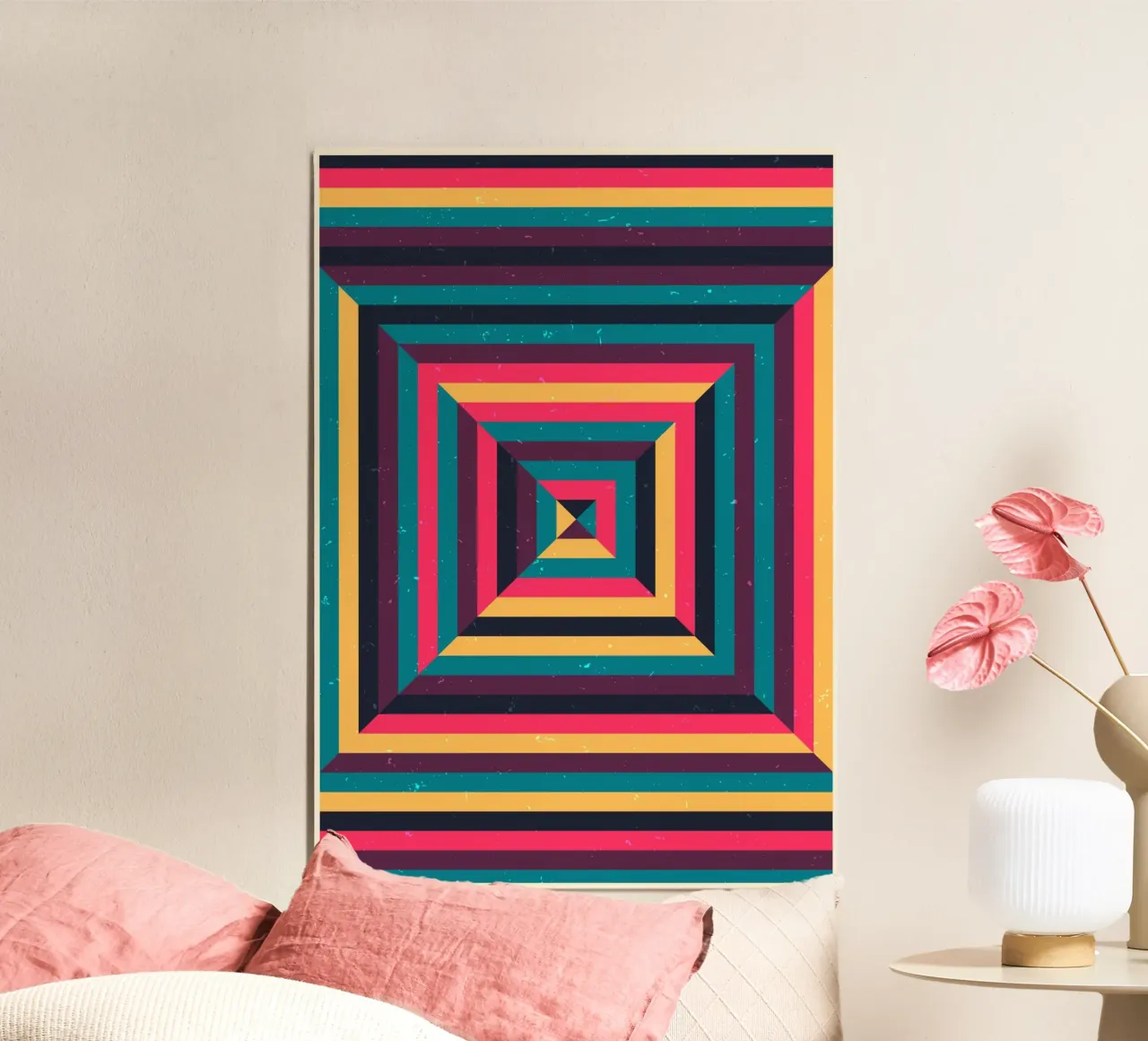 Stampa geometrica retrò Op Art Quadrato Tunnel Distressed alluminio dibond da Grungeo