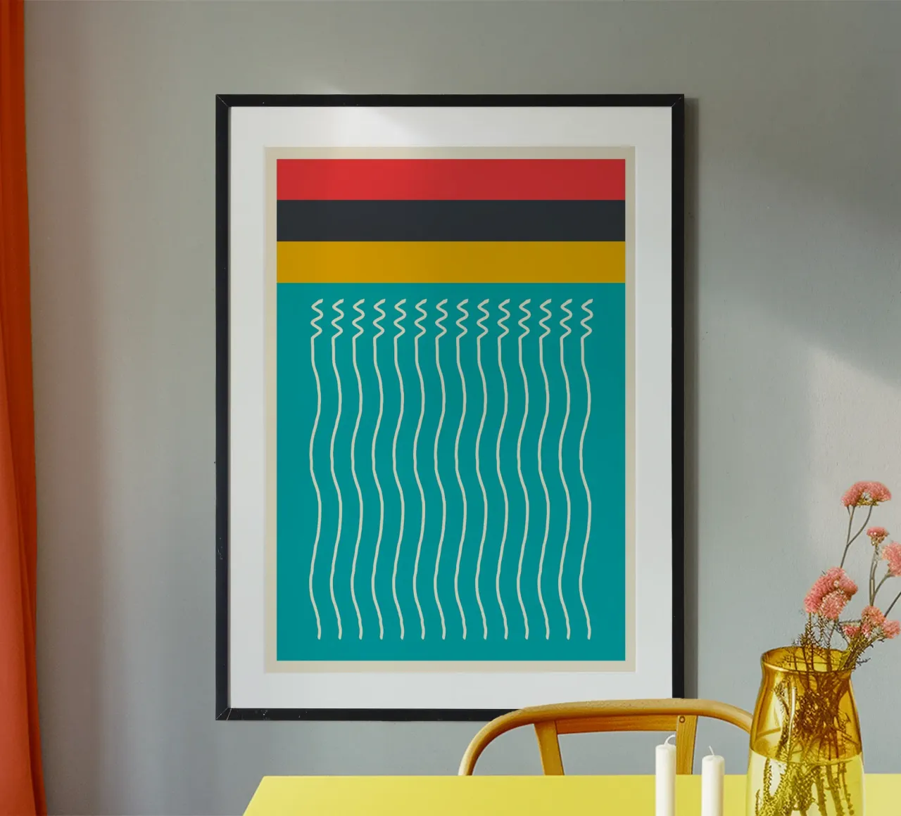 Poster abstrait lignes ondulées sarcelle jaune rouge art géométrique hahnemühle de Grungeo