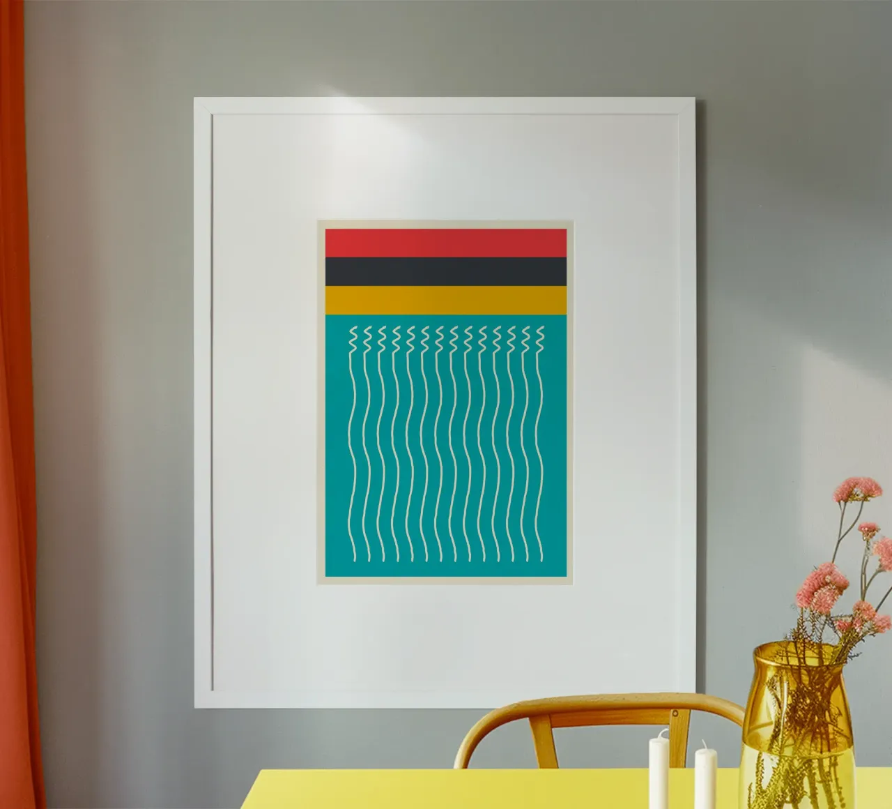 Poster abstrait lignes ondulées sarcelle jaune rouge art géométrique hahnemühle de Grungeo