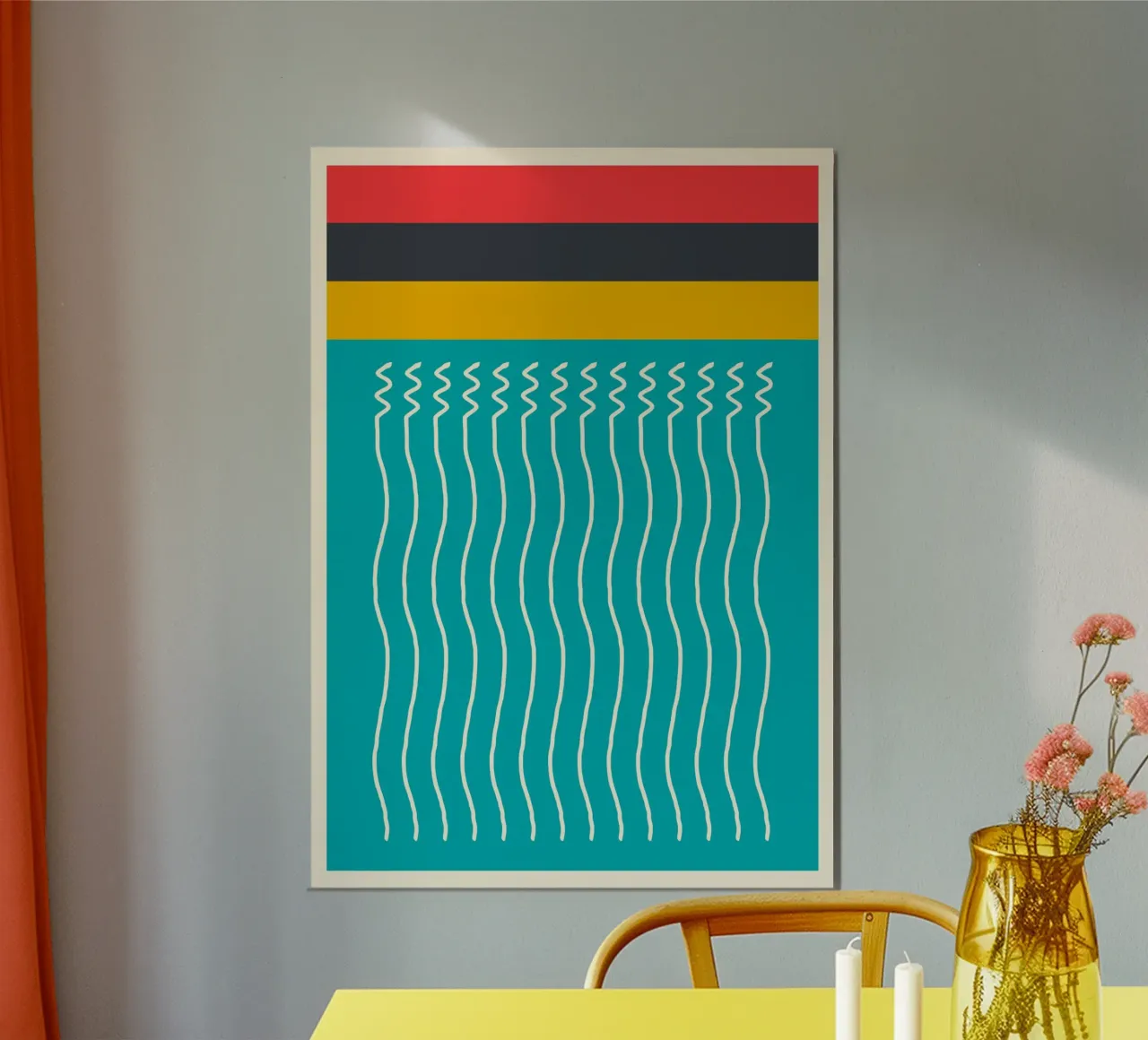 Poster abstrait lignes ondulées sarcelle jaune rouge art géométrique hahnemühle de Grungeo