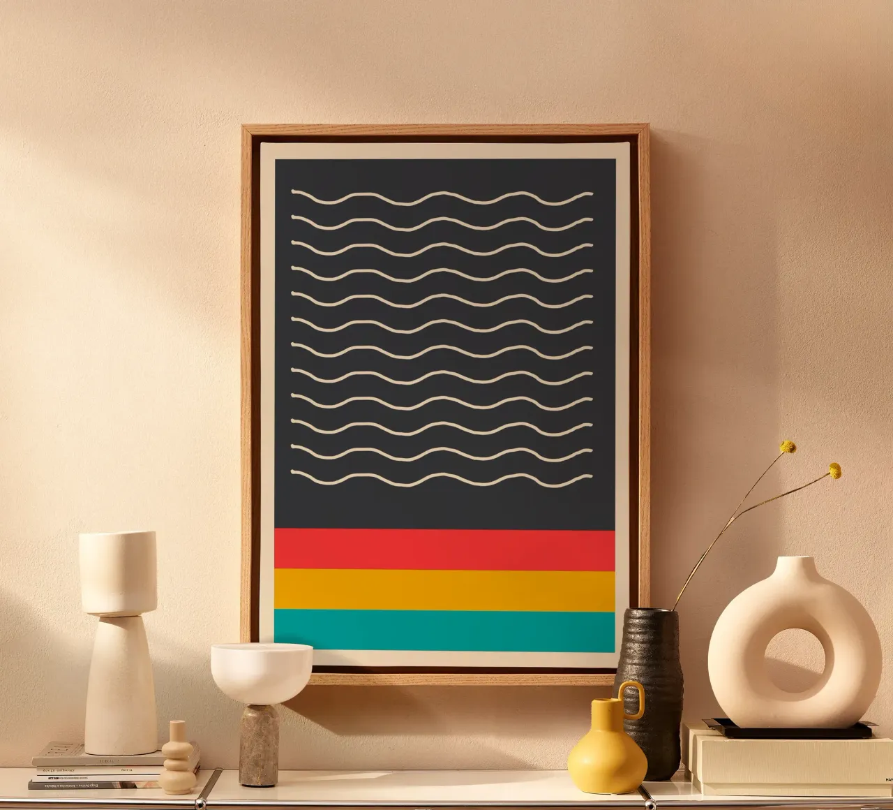 Minimalistische Golvende Lijnen Donker Abstracte Kleurenblok Print canvas van Grungeo