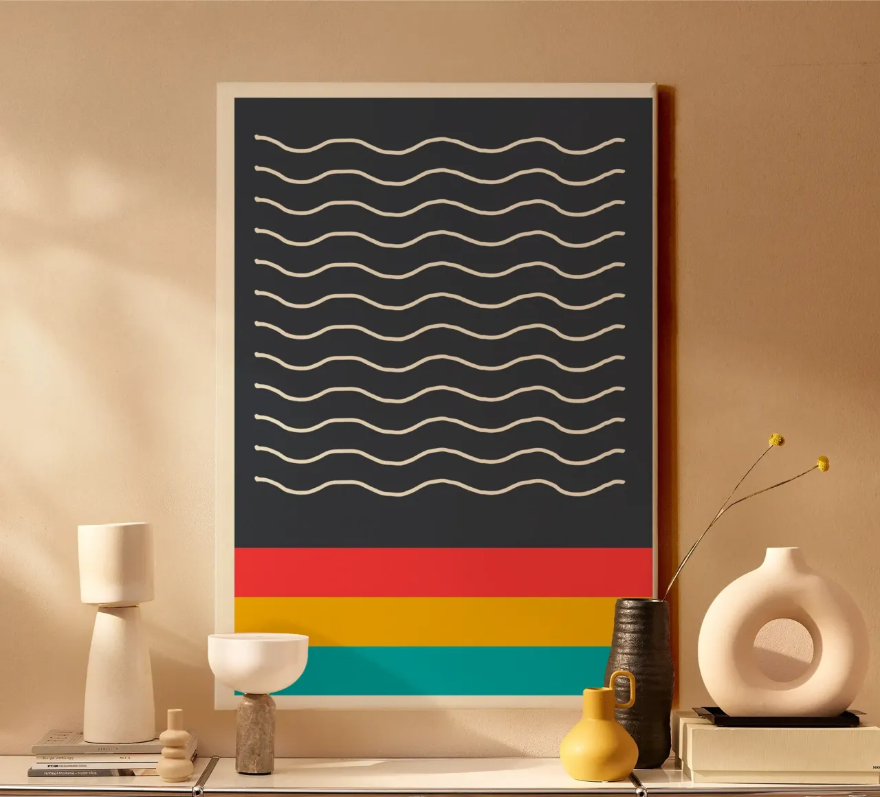 Minimalistische Golvende Lijnen Donker Abstracte Kleurenblok Print canvas van Grungeo