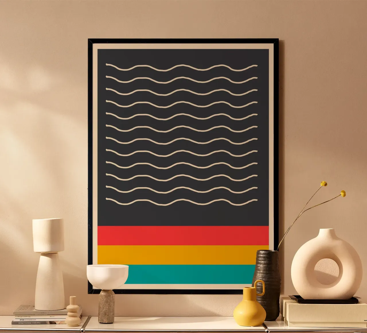 Minimalistische Golvende Lijnen Donker Abstracte Kleurenblok Print hahnemühle van Grungeo